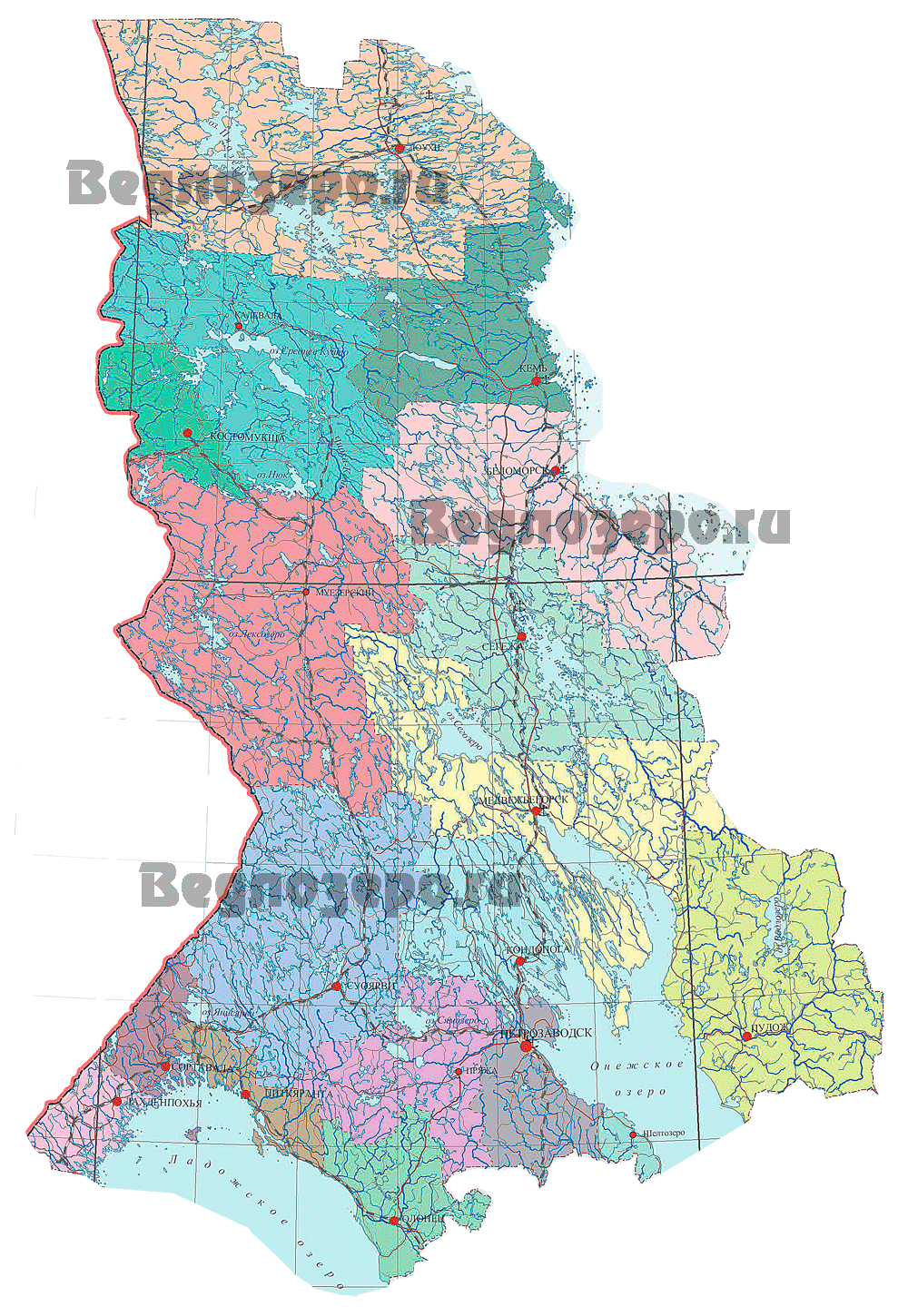 Карта административного деления Республики Карелия. Муниципальныеобразования Карелии: районы, округа, центры
