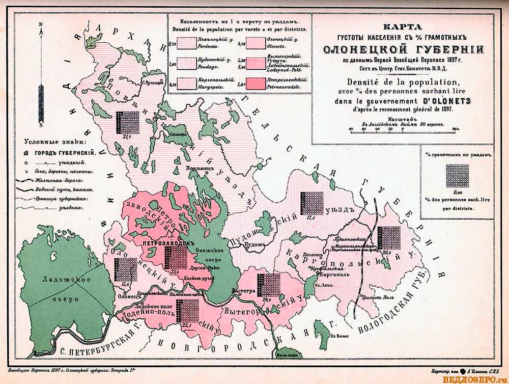 Карта густоты населения грамотных Олонецкой губернии 1897 год